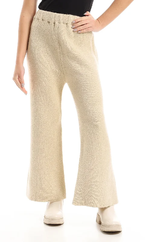 O157230 Winter Essential Knitted Plain Beige Wide Leg Pants With Elastic Waist