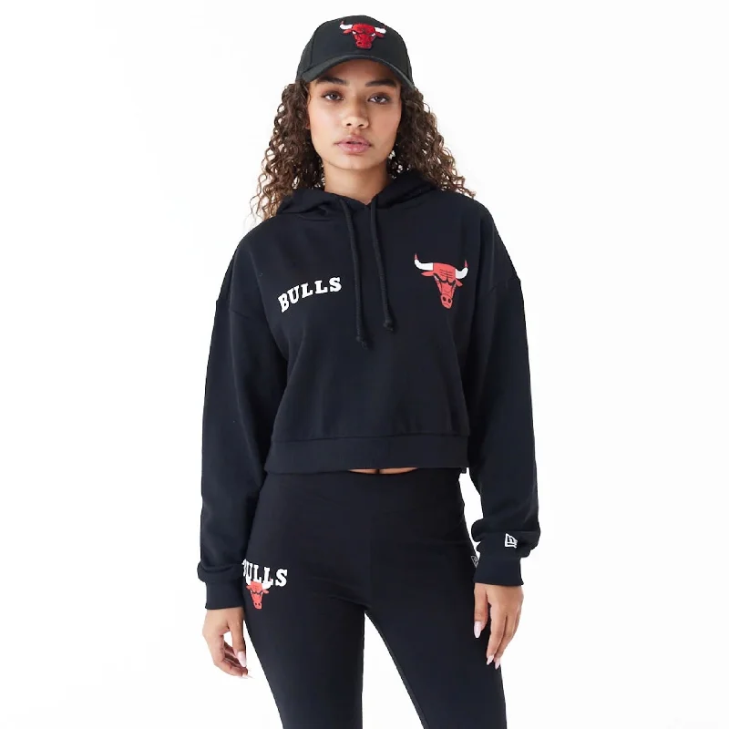 Chicago Bulls Womens NBA Team Logo Black Crop Pullover Hoodie Casual Graphic Hoodies