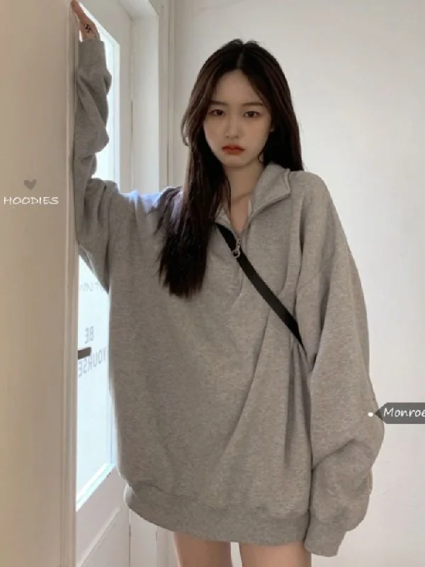 Korean Gray Oversized Sweatshirts Women Harajuku Zip Up Hoodie Vintage Loose Casual Polo Collar Pullover Tops Soft Sweatshirts for Women