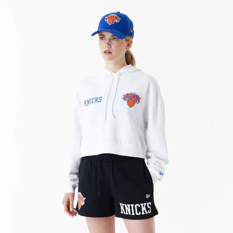 New York Knicks Womens NBA Team Logo White Crop Pullover Hoodie Comfy Sweatshirts for Fall