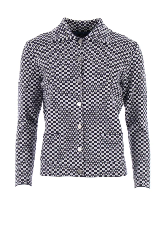 Castle of Ireland Geometric Print Knit Jacket, Navy and White Women's spring jackets