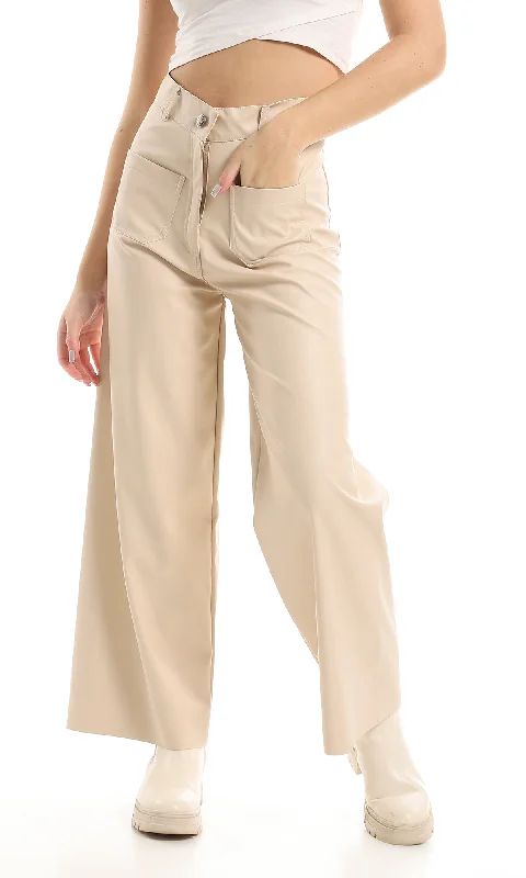 O157158 Trendy Wide Leg Leather Trousers With Square Front Pockets - Cream