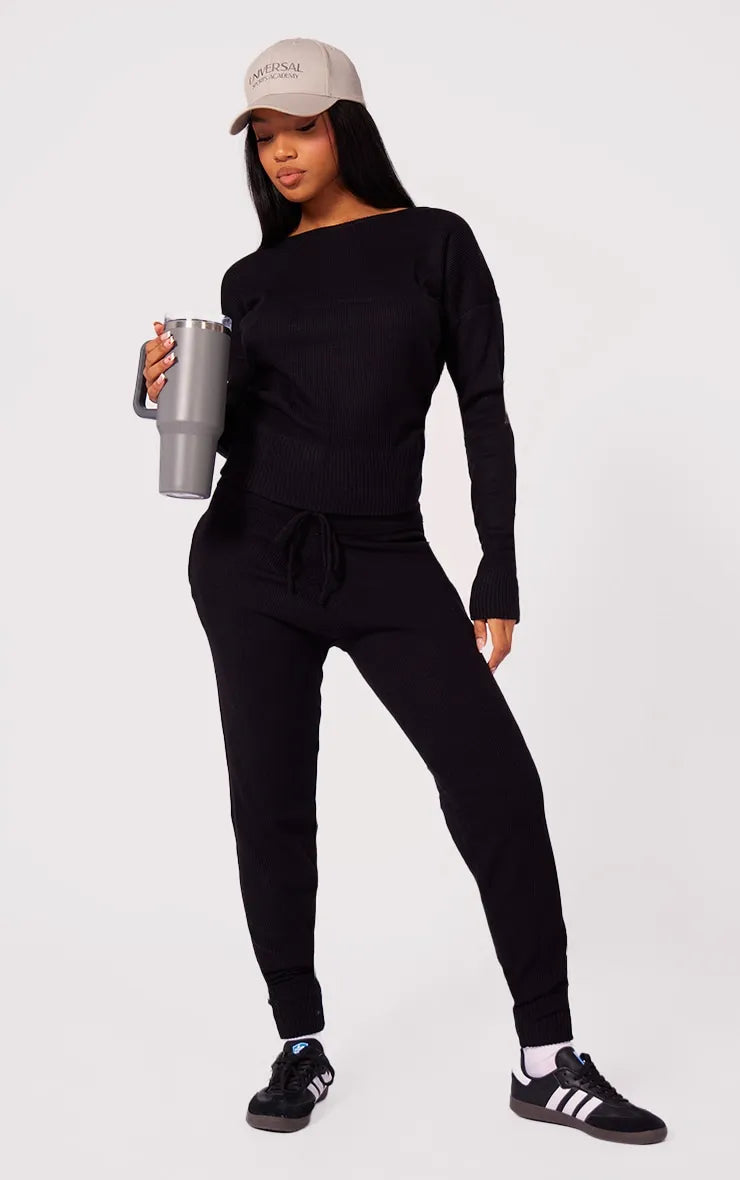 Black Knit Lounge Set Women's gym jackets