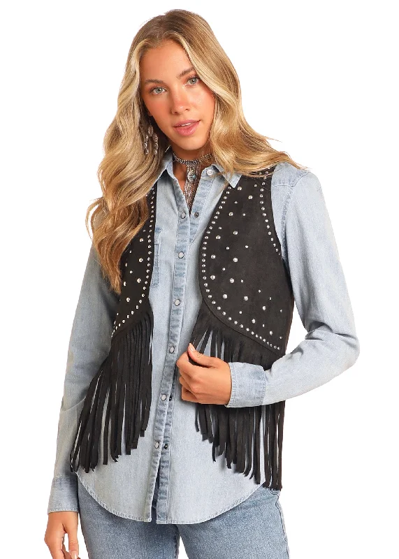 Studded Fringe Vest - Black Best women's jackets for winter