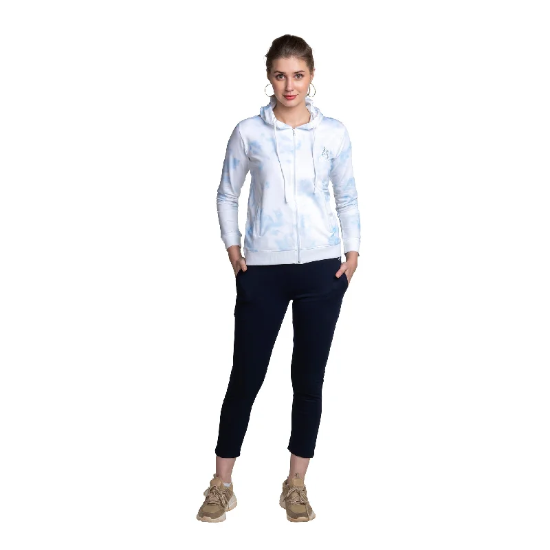 Blue Cotton Zip-through Hoodie For Women's Sporty Hoodie Sweatshirt