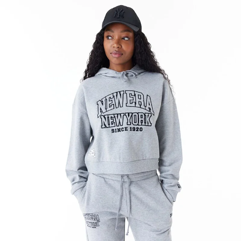 New Era Womens Arch Wordmark Grey Crop Pullover Hoodie Chic Hoodie Sweatshirt