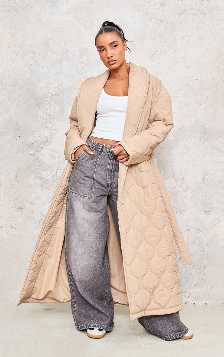 Stone Maxi Belted Quilted Coat Women's fitted jackets