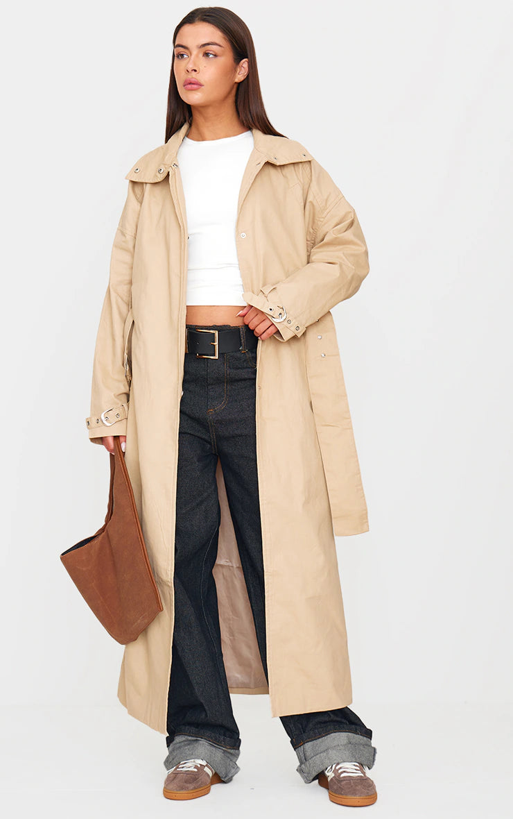 Stone Belted Cuff Detail Trench Coat Women's oversized jackets