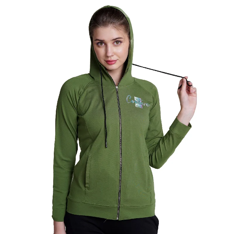 Green Long Sleeve Zip-through Hoodie For Women Fleece Zip-up Hoodie