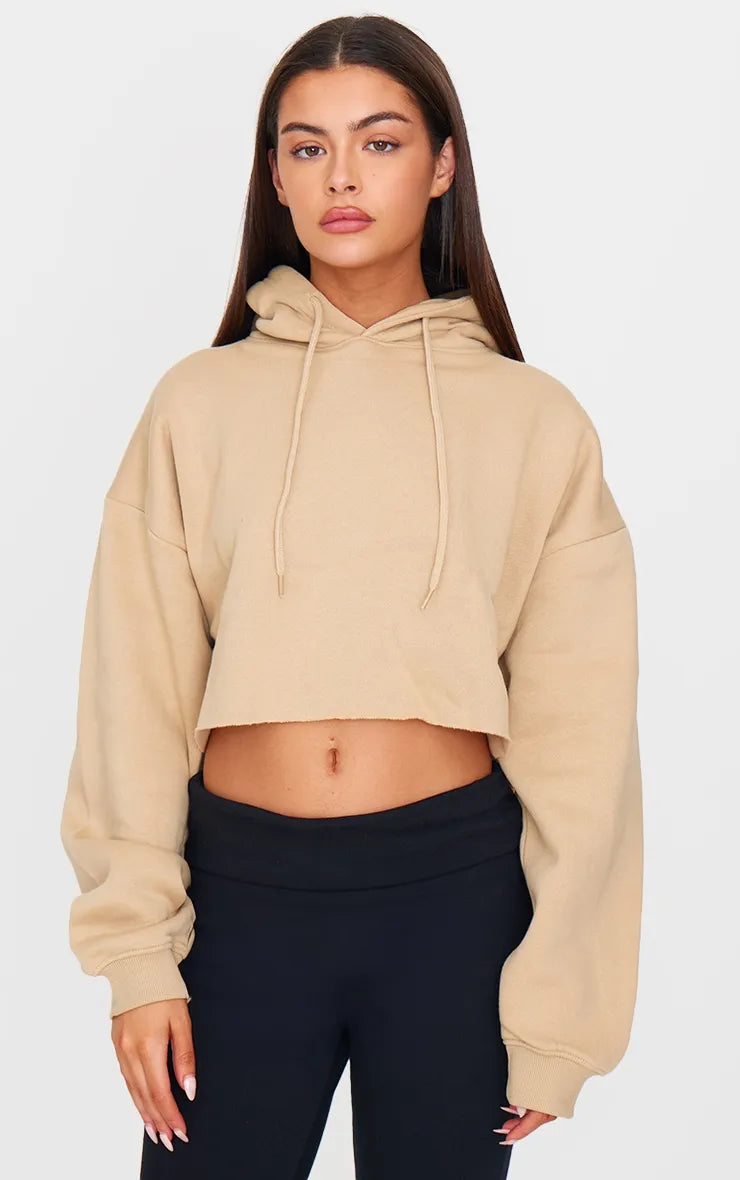 Sand Oversized Fit Cropped Sweat Hoodie Women's denim jackets