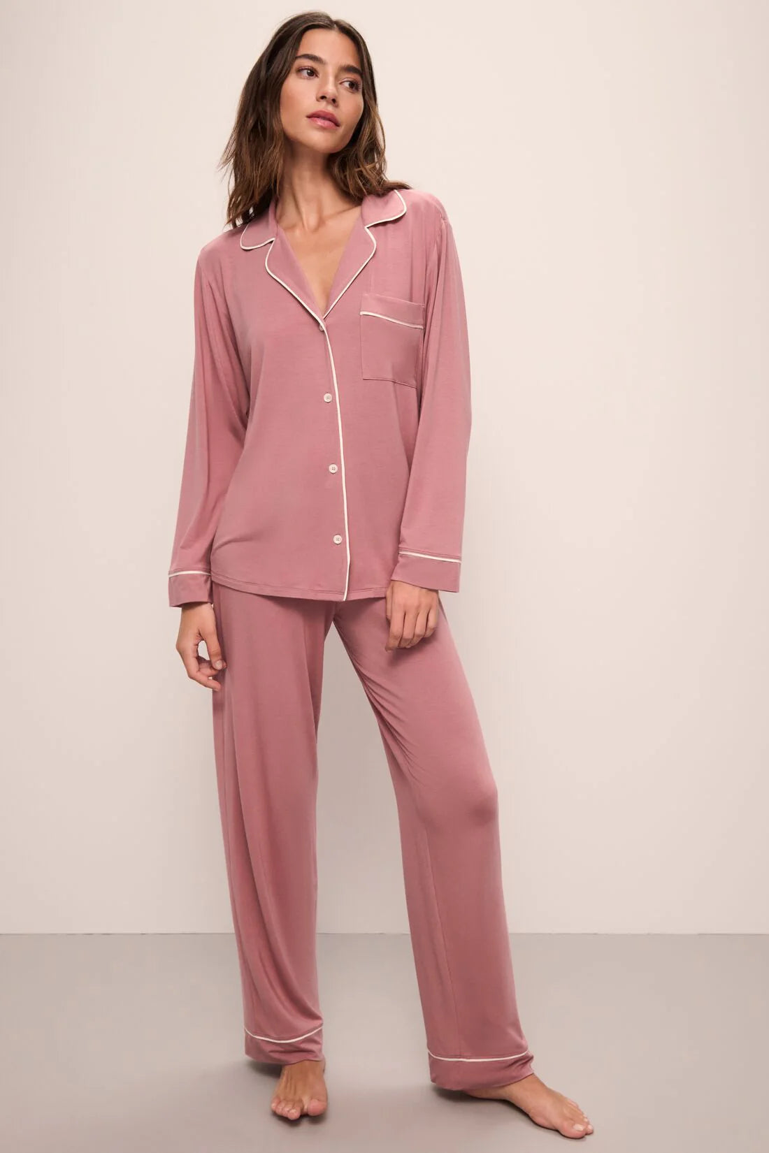 Eberjey Gisele Long PJ Set - Old Rose / Ivory Discounted pajama sets