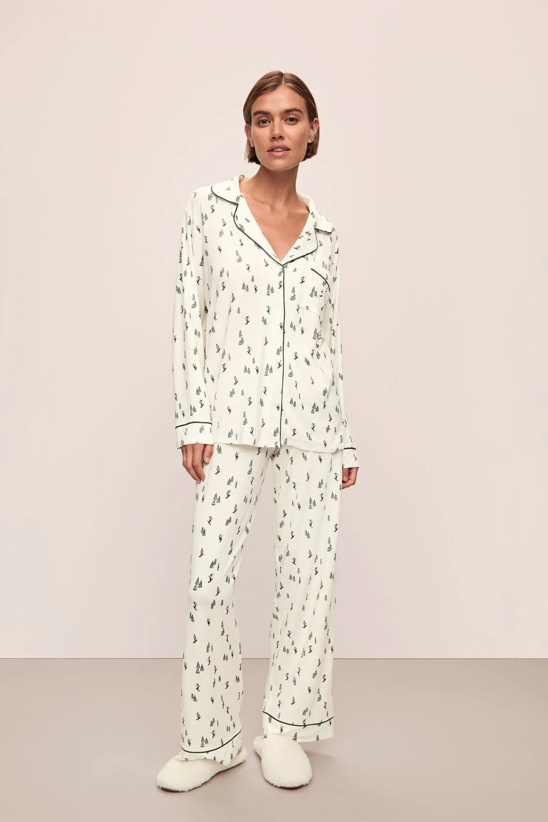 Eberjey Gisele Printed Long Pj Set - Alpine Skier Ivory/Forest Green Cheap pajama sets