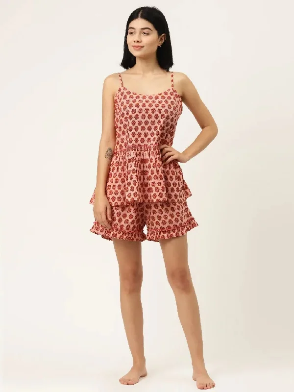 Frill Speghetti and Shorts Set in Pink Buti Print Budget-friendly pajama sets