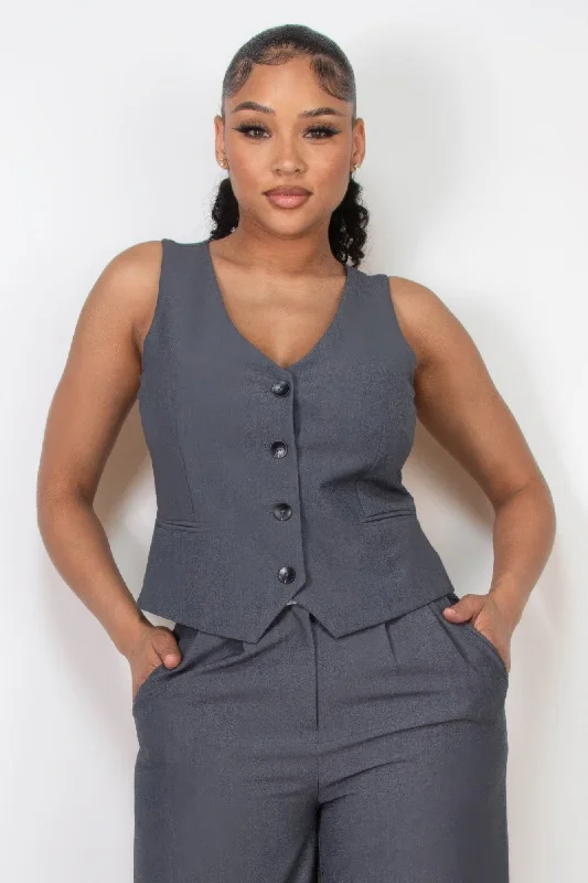 Buttoned Solid V-neck Vest Top Office sweaters