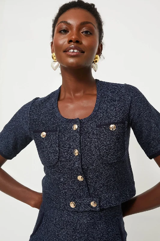 Navy Blue Denim Look U-Neck Cardigan Elegant sweaters