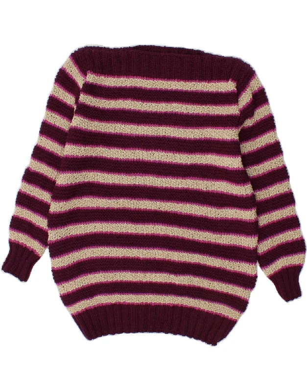 VINTAGE Womens Boat Neck Jumper Sweater UK 12 Medium Burgundy Striped Cashmere sweaters