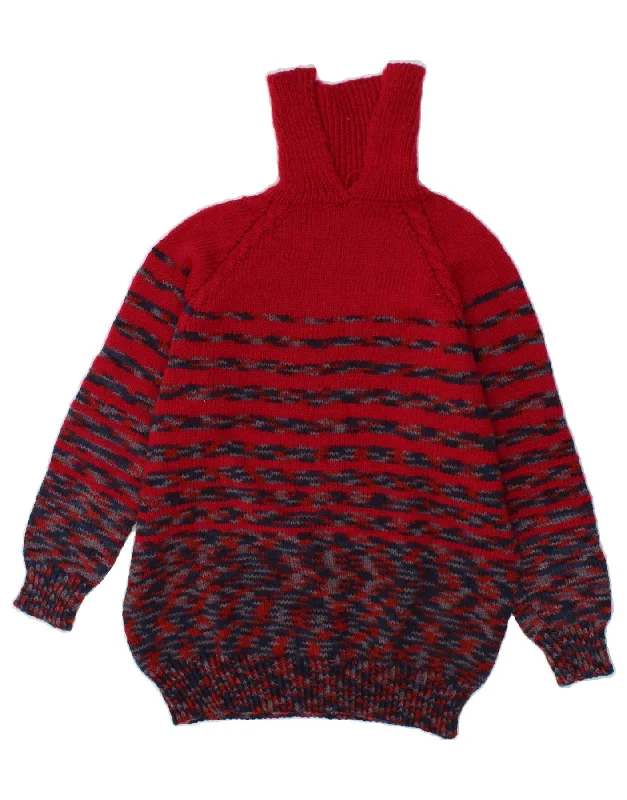 VINTAGE Womens Roll Neck Jumper Sweater UK 14 Medium Red Striped Acrylic sweaters