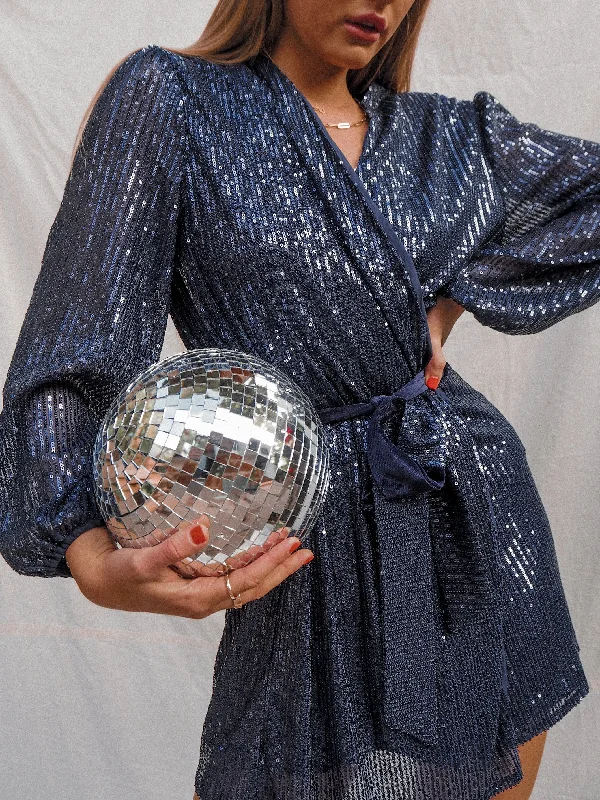 Dani Sequin Wrap Dress / Navy Off-shoulder mini dresses