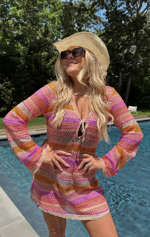 Vacay Mini Coverup ~ Melon Mixed Crochet Formal mini dresses