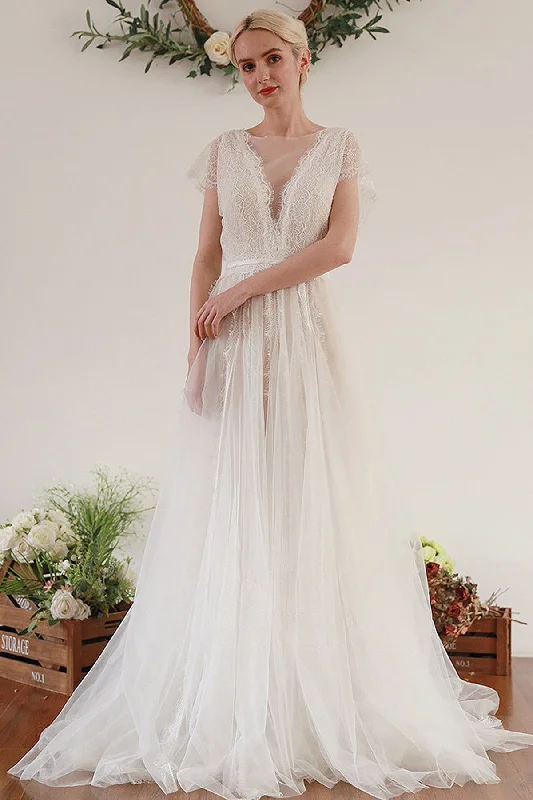 A-Line Sweep-Brush Train Lace Tulle Wedding Dress CW3045 Crystal Wedding Dress