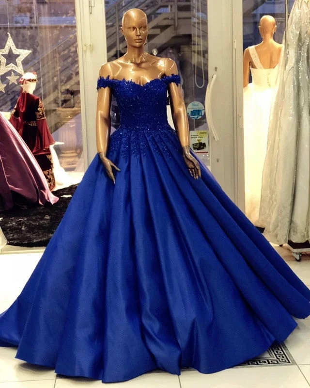 Appliques Prom Dresses Satin Ball Gown Off Shoulder Timeless Wedding Dress