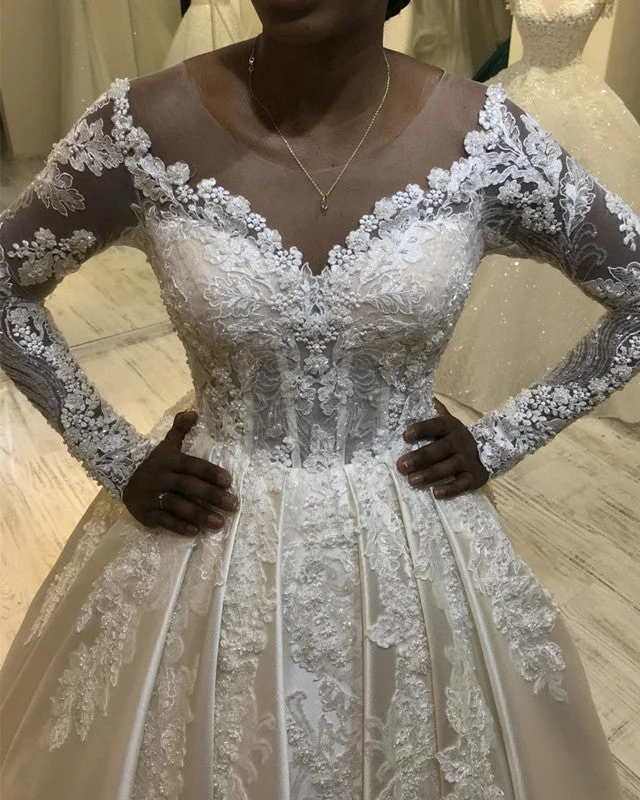 Sheer Neckline Wedding Dress Satin Backless Wedding Dress Lace Appliques Lace Boho Dress