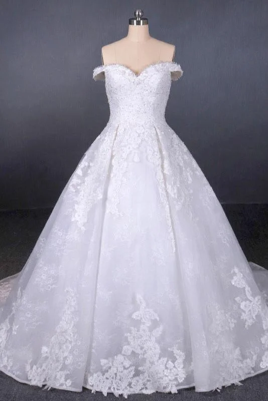 Ball Gown Off Shoulder Appliques Wedding Dress, Puffy Lace Appliqued Bridal Dress N2352 Full Length Gown