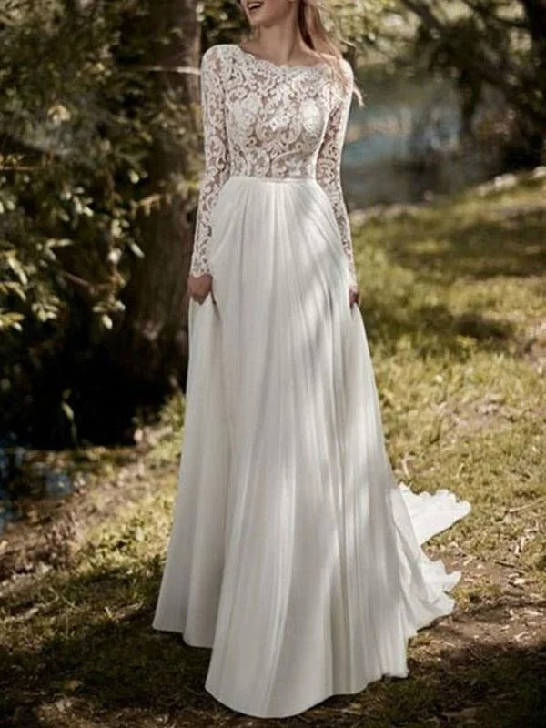 Boho Wedding Dresses 2021 Jewel Neck Long Sleeve A Line Floor Length Chffion Bridal Dress For Beach Wedding Off-shoulder Wedding Gown