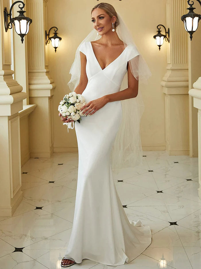 Cap Sleeve Deep V-Neck Backless Fishtail Wedding Dress Off-shoulder Bridal Gown