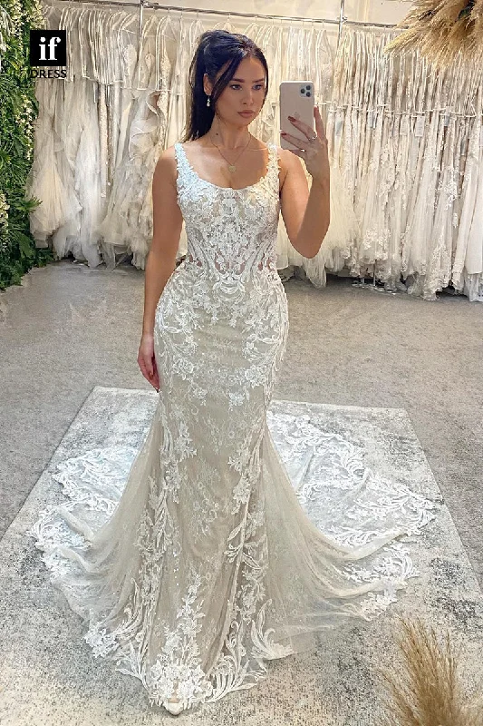 31567 - Generous Double Straps Scoop Appliques Trumpet Wedding Gown Vintage Wedding Gown