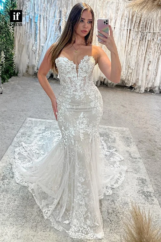 31568 - Sexy Off-Shoulder Sleeveless Appliques Lace Mermaid Wedding Dress Long Sleeve Gown