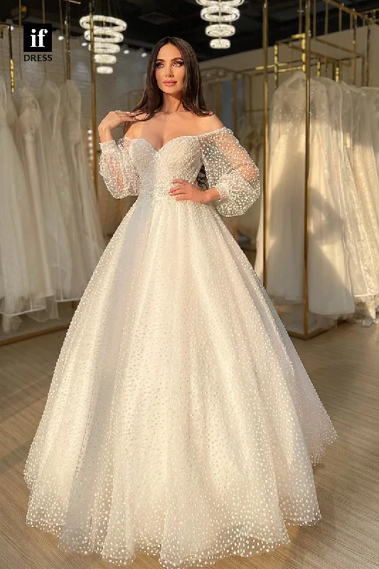 31570 - Romantic A-Line Off-Shoulder Long Sleeves Tulle Wedding Dress Mermaid Lace Gown