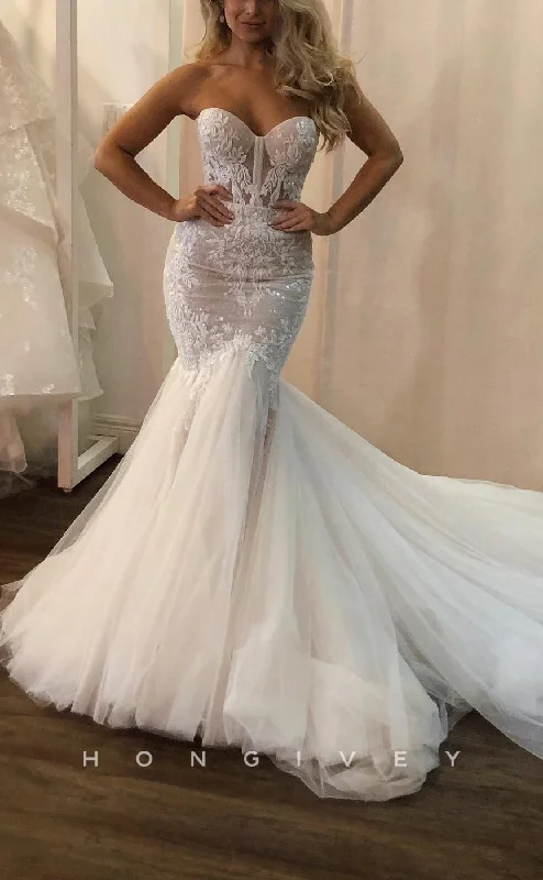 H1634 - Sexy Two Tone Trumpet Sweetheart Strapless Empire Lace Applique With Tulle Train Wedding Dress Sparkling Wedding Dress