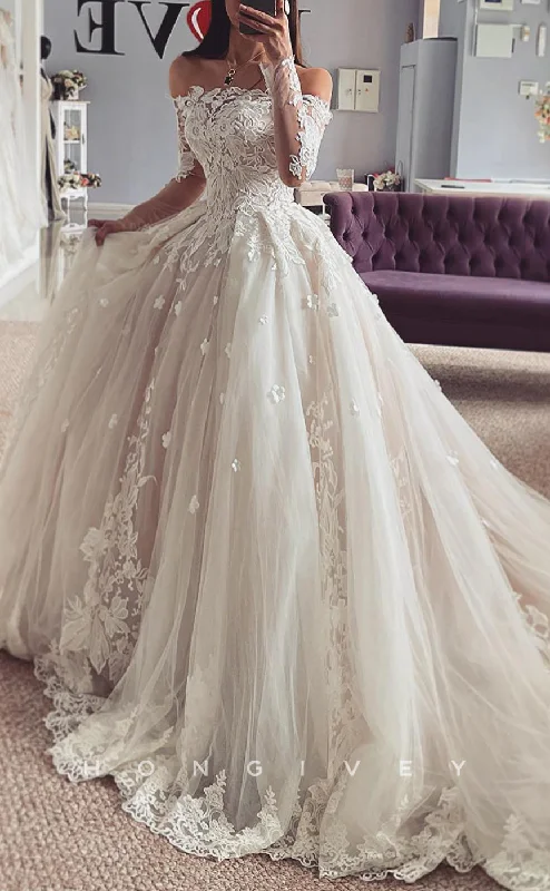 H1635 - Sexy Tulle A-Line Off-Shoulder Long Sleeve Empire Lace Applique With Train Wedding Dress Vintage Style Dress