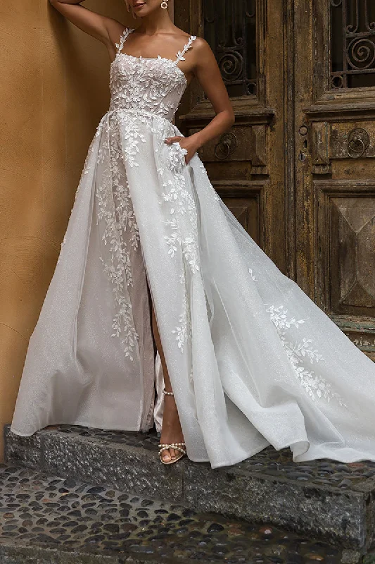 A Line Square Lace Appliques Rustic Wedding Dress with Slit QW2588 Empire Waist Dress