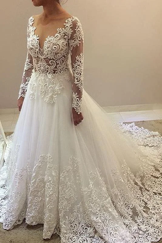 Elegant Beading Lace Long Sleeve Sheer Neck Ball Gown Wedding Dress N1796 Floral Lace Wedding