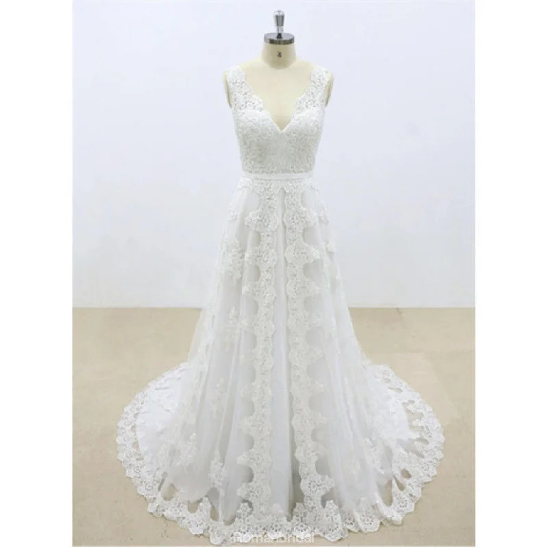 Hot Selling Gorgeous V-neck Lace Sleeveless Wedding Dresses with train, WD0367 Modern Wedding Gown