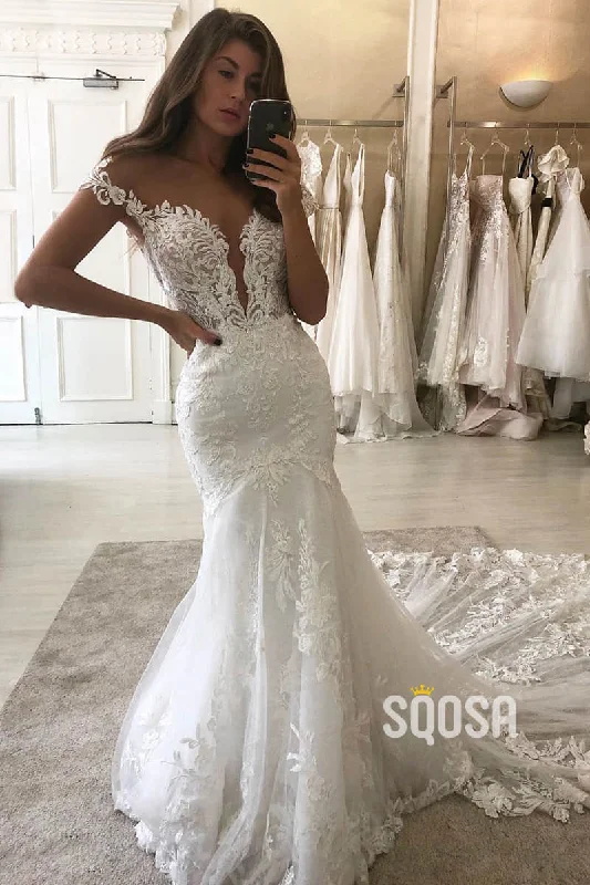 Illusion Cap Sleeves Mermaid Wedding Dress Lace Wedding Gowns QW0950 Beautiful Bridal Gown