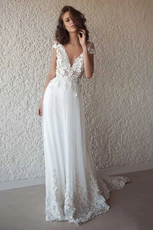 Ivory Cap Sleeves V Neck Wedding Dress Beach Boho Appliques Bridal Dress N1402 Full Skirt Wedding