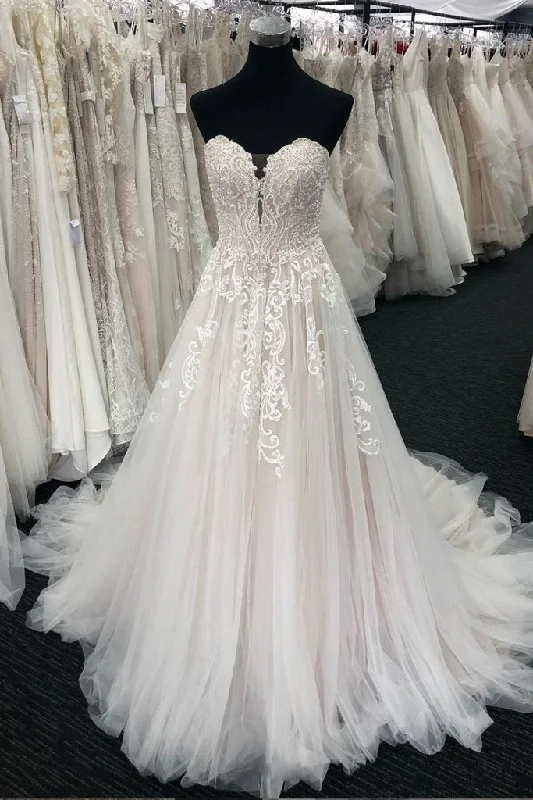 Ivory Sweetheart Tulle Wedding Dress With Lace Appliques Long Bridal Dress N1537 Princess Bridal Dress