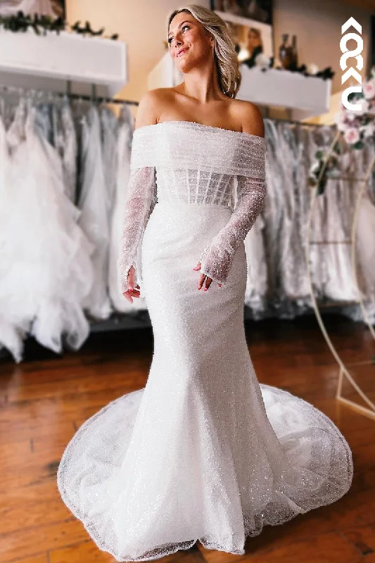 K1961 - Gorgeous & Charming Off-Shoulder Long Sleeves Mermaid Tulle Wedding Dress Wedding Gown Set