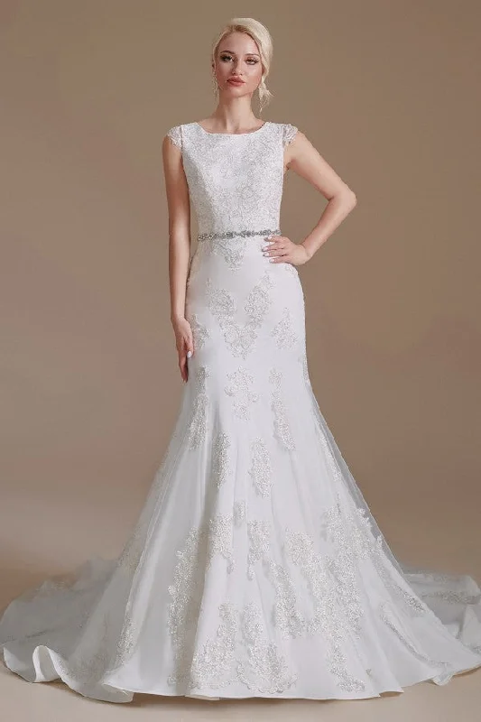 Mermaid Jewel Neck Long Wedding Dress with Tulle Lace Classic Satin Gown