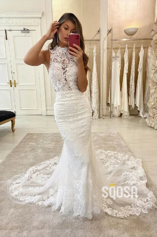 Mermaid Wedding Dress Chic High Neck Lace Wedding Gowns with Court Train QW0948 Sexy Satin Gown