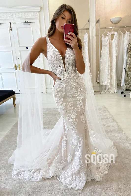 Mermaid Wedding Dress V-neck Lace Wedding Gowns QW0949 Classic Bridal Gown