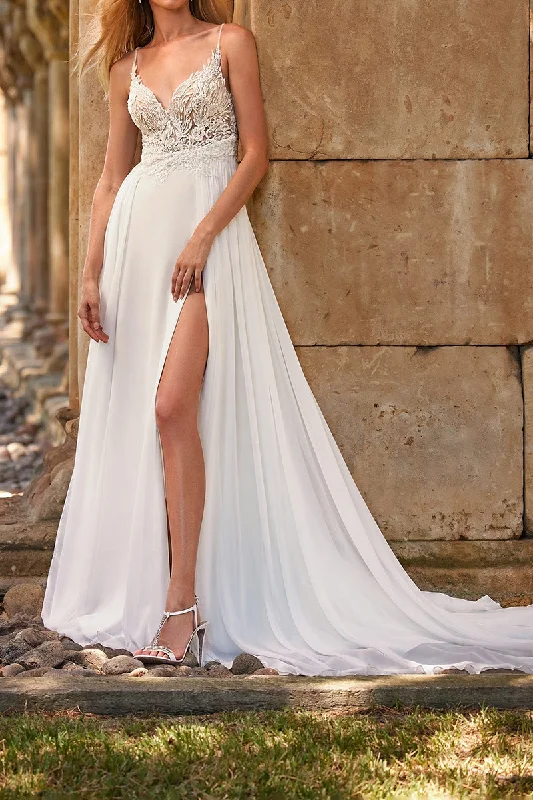 A Line Illusion V neck Lace Appliques Boho Wedding Dress with Slit QW2119 Soft Wedding Gown