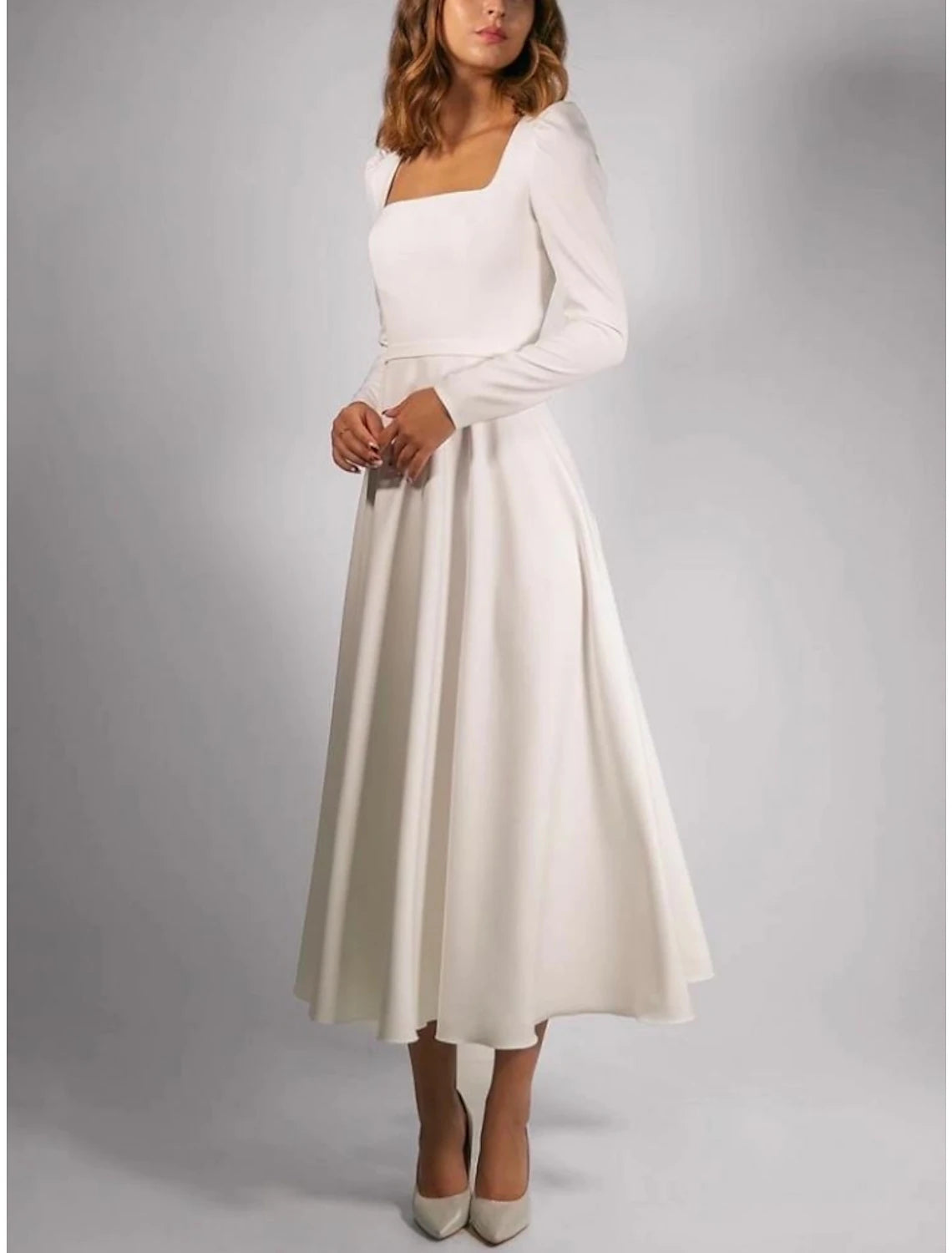 Simple Wedding Dresses A-Line Square Neck Long Sleeve Tea Length Stretch Fabric Bridal Gowns With Pleats Solid Color Off-shoulder Bridal Dress