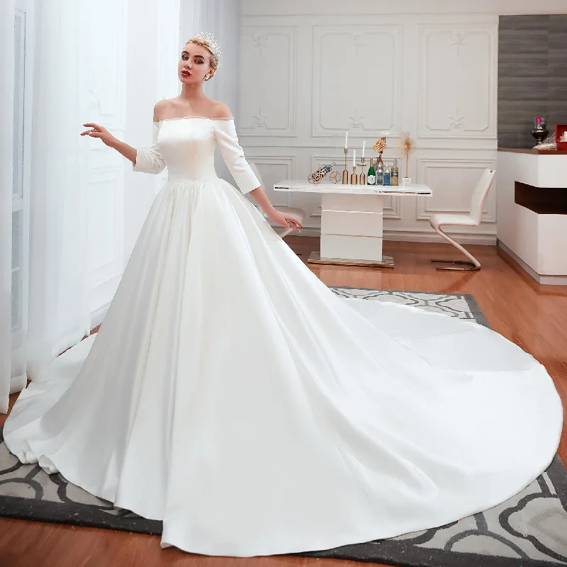 Strapless A-line Long Sleeves Satin Wedding Dress With Training Sheer Wedding Dress