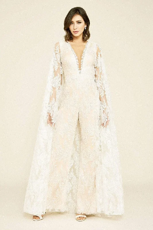 Tadashi Shoji - Rupert Lace Cape Jumpsuit Romantic Wedding Dress