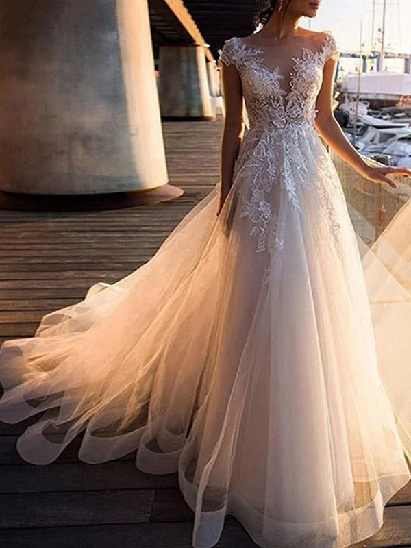 Wedding Dresses A Line Tulle V Neck Short Sleeves Lace Bridal Dresses With Train Ruffle Wedding Gown