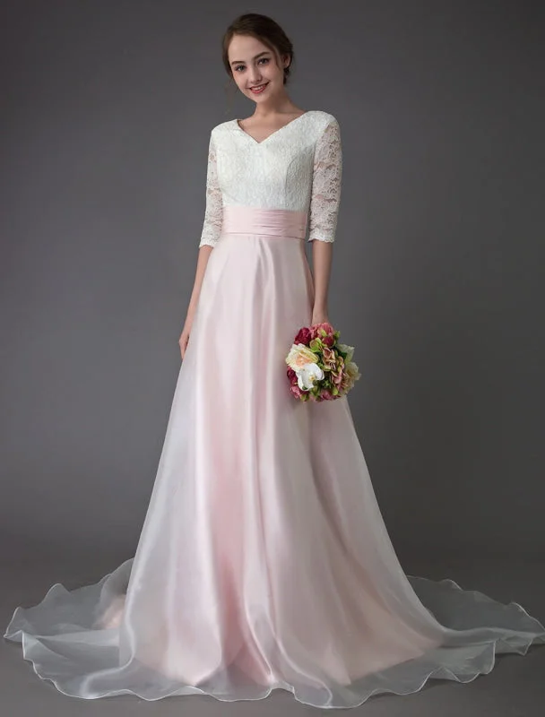 Wedding Dresses Pink V Neck Half Sleeve Pleated A Line Bridal Gown With Train Exclusive Lace Sleeveless Dress